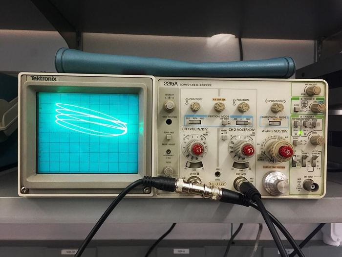 An oscilloscope screen displaying a looping Lissajous pattern from a physics lab experiment